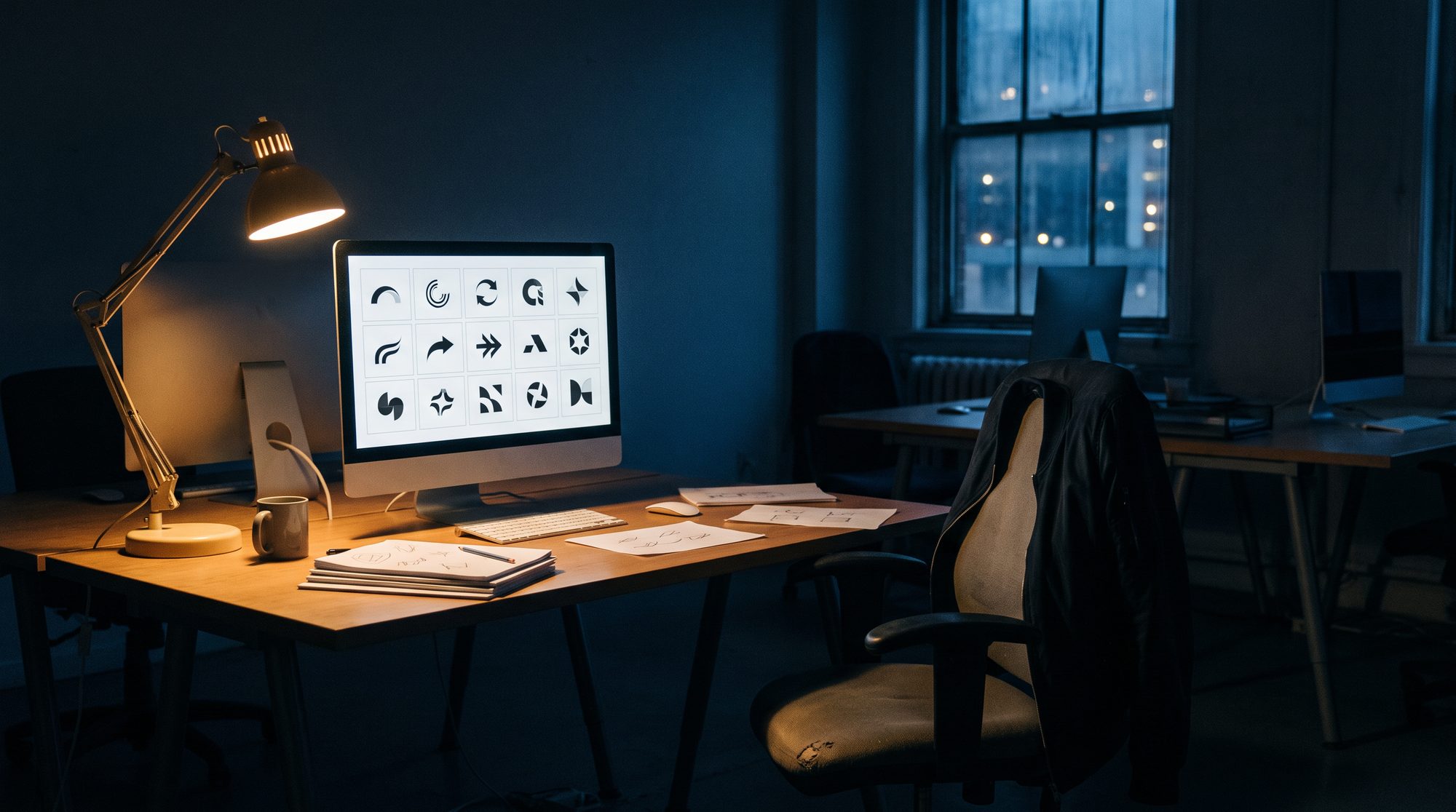 Verlassener Arbeitsplatz in einem Designstudio bei Nacht, auf dem Monitor eine Auswahl fertiger Logo-Vorlagen