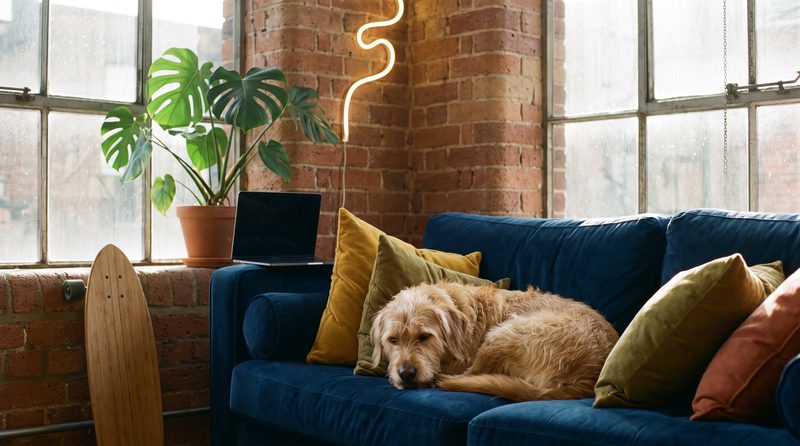 Hund auf einem Samtsofa in einem Kreativagentur-Loft