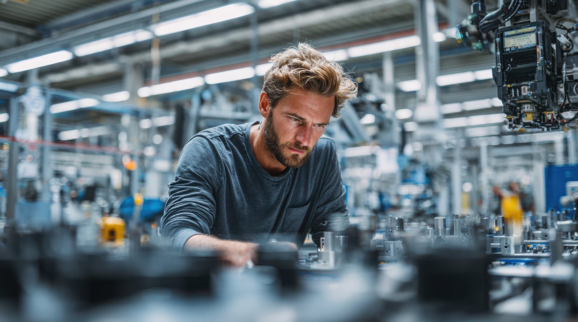 Mann arbeitet konzentriert an einem Werkst&uuml;ck in einer hellen Fertigungshalle