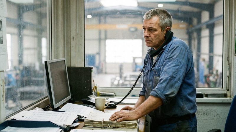 Mann im Werkstattbüro telefoniert, den Hörer zwischen Schulter und Ohr
