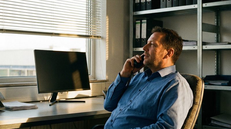 Vertriebsmitarbeiter telefoniert zurückgelehnt, daneben liegt ein Stapel ausgedruckter Anfragen