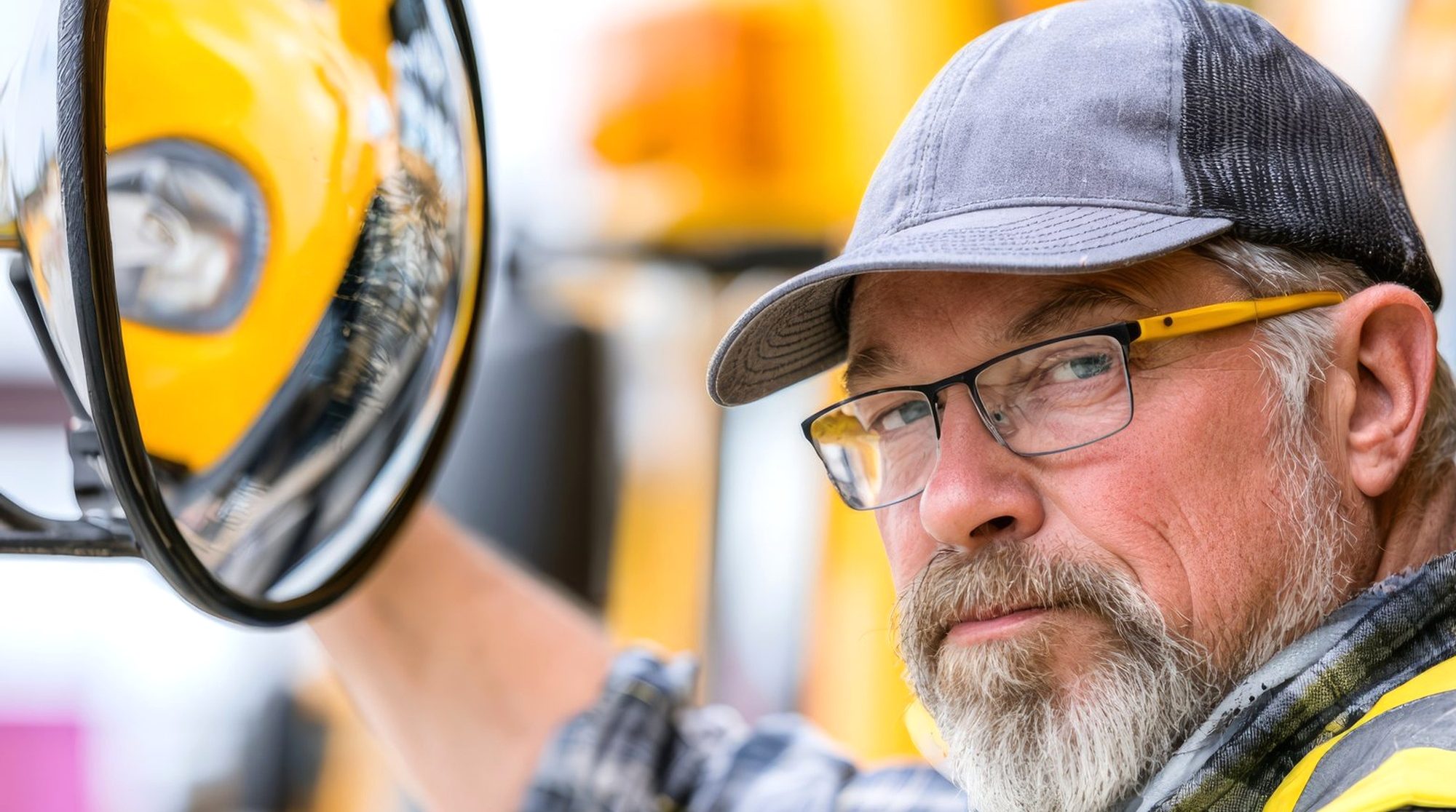 Älterer Mann mit Cap, Brille und Warnweste am Spiegel eines gelben Baufahrzeugs
