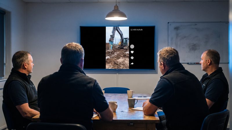 Vier Mitarbeiter im abgedunkelten Besprechungsraum vor einem Wandbildschirm mit Baggervideo
