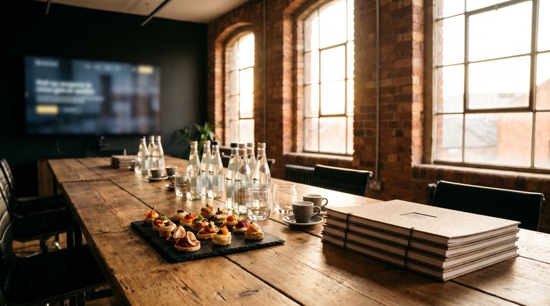Gedeckter Besprechungstisch in einem Agentur-Loft mit Schnittchen
