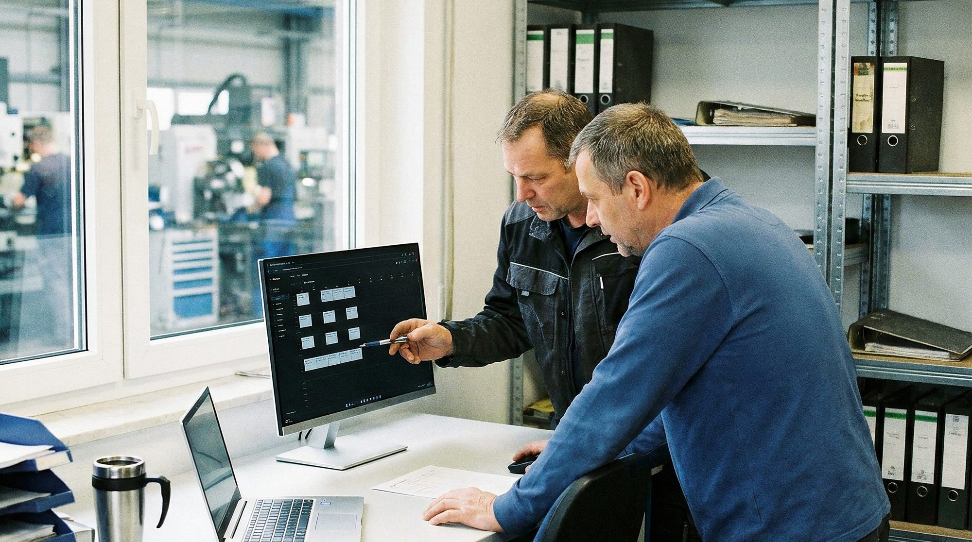 Zwei Beschäftigte im Werkstattbüro eines Metallbetriebs stehen bei Tageslicht vor einem Bildschirm, dahinter durch die Scheibe die Fertigung