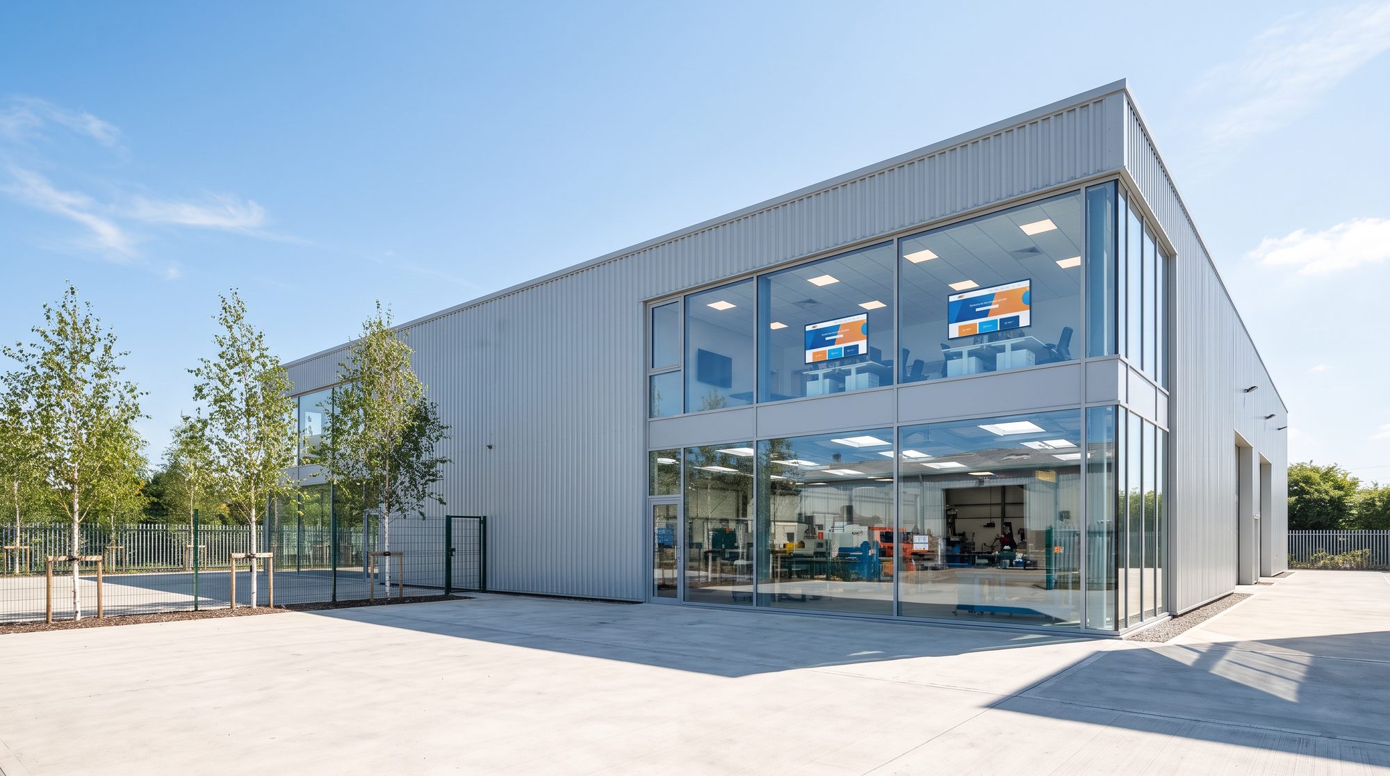 Helles Firmengebäude eines Metallbetriebs bei Tageslicht, im Obergeschoss hinter Glas zwei Monitore mit einer Website, darunter die Werkstatt