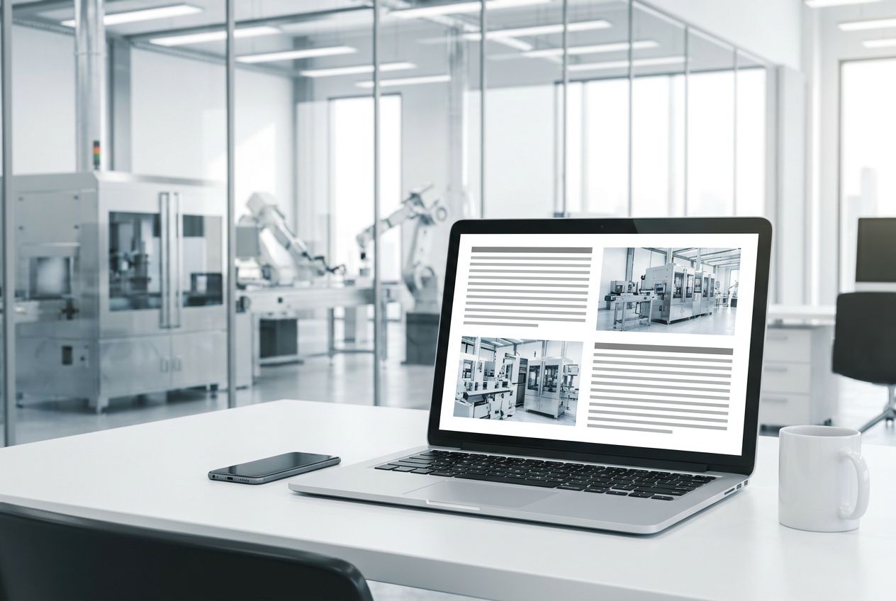 Laptop im Werkstattbüro vor der Produktionshalle
