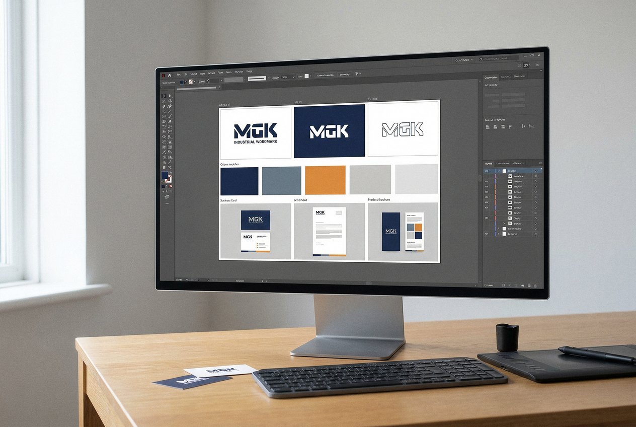 Corporate-Design-Entwurf am Bildschirm: Wortmarke, Farbpalette, Visitenkarte und Broschüre