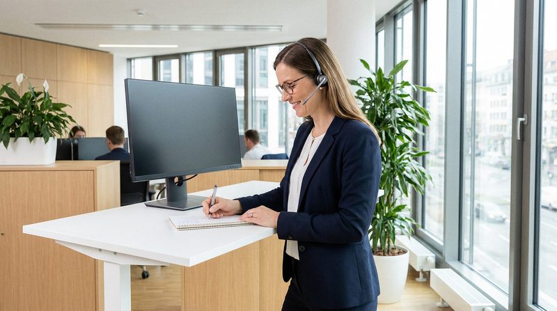 Frau mit Headset am Schreibtisch vor zwei Monitoren, im Hintergrund eine helle Werkhalle mit Baumaschinen