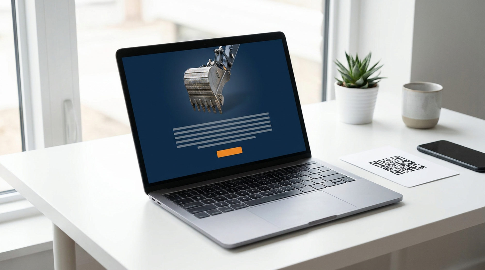 Landingpage für eine Maschine auf einem Notebook, daneben ein Flyer mit QR-Code