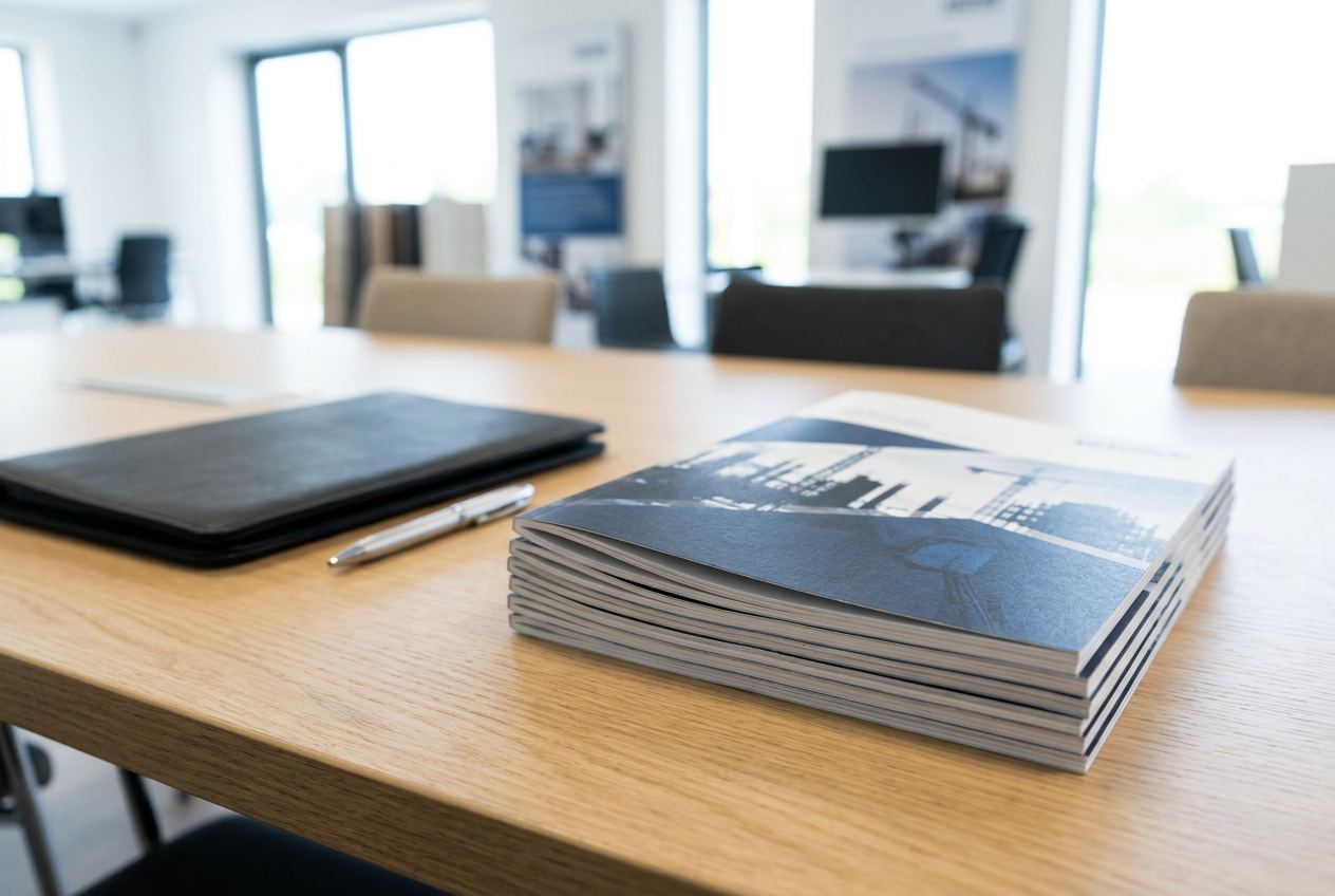 Gedruckte Produktmappen auf dem Besprechungstisch