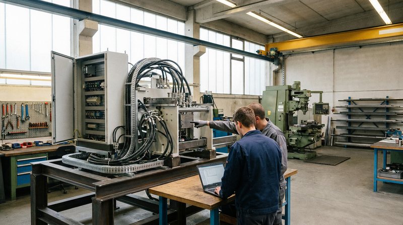 Zwei Ingenieure an einer teilmontierten Sondermaschine in einer hellen Fertigungshalle, einer mit Laptop, einer zeigt auf ein Bauteil