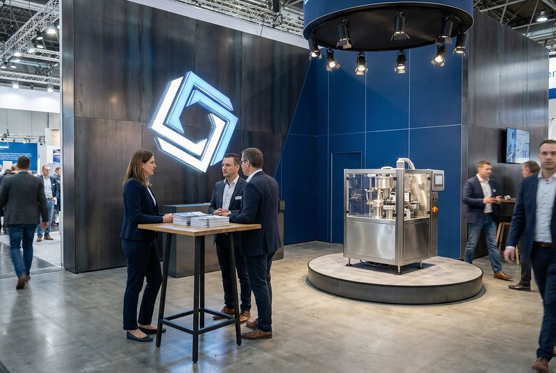 Moderner Messestand eines Industrieunternehmens mit Beleuchtung, Theke und ausgestellten Geräten