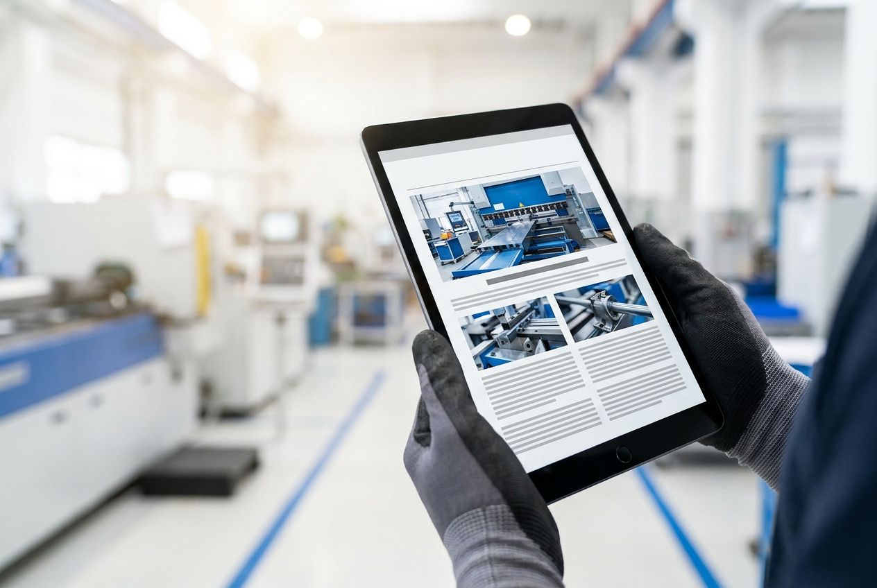 Newsletter auf einem Tablet in der Fertigungshalle