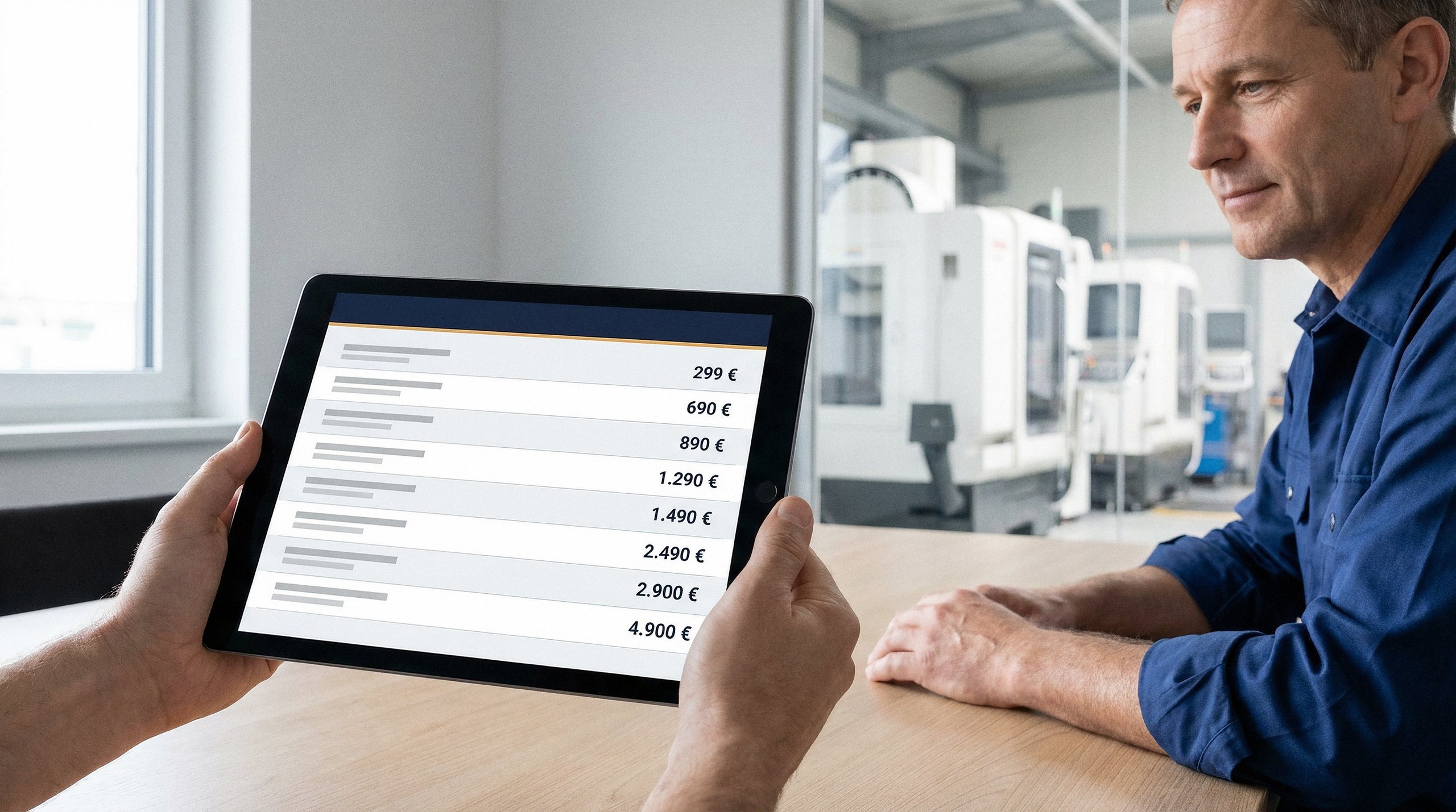 Digitale Preisliste auf einem Tablet, einem Kunden im Besprechungsraum gezeigt