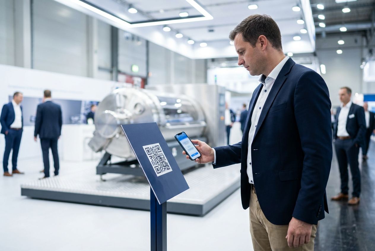 Messebesucher scannt einen QR-Code am Ausstellungsstand