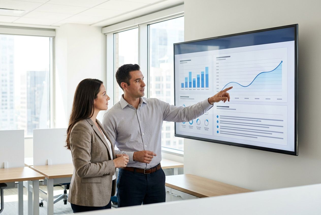 Zwei Kollegen besprechen eine Auswertung am Monitor