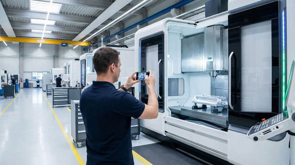 Werkstattleiter fotografiert eine CNC-Maschine mit dem Smartphone