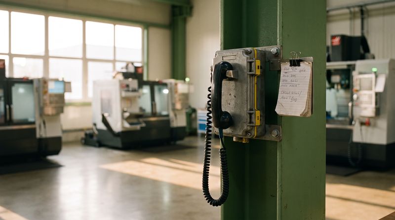 Werkstatt-Telefon an einer Hallenstütze vor CNC-Maschinen