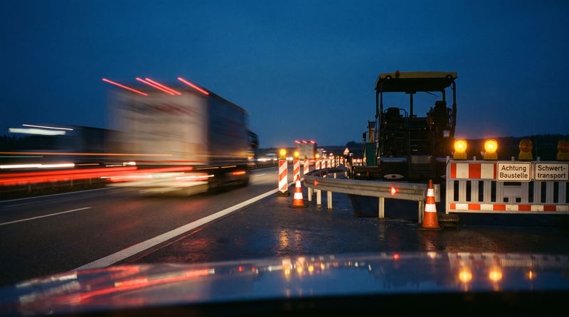Autobahnbaustelle bei Nacht mit Lichtspuren vorbeifahrender Lastwagen