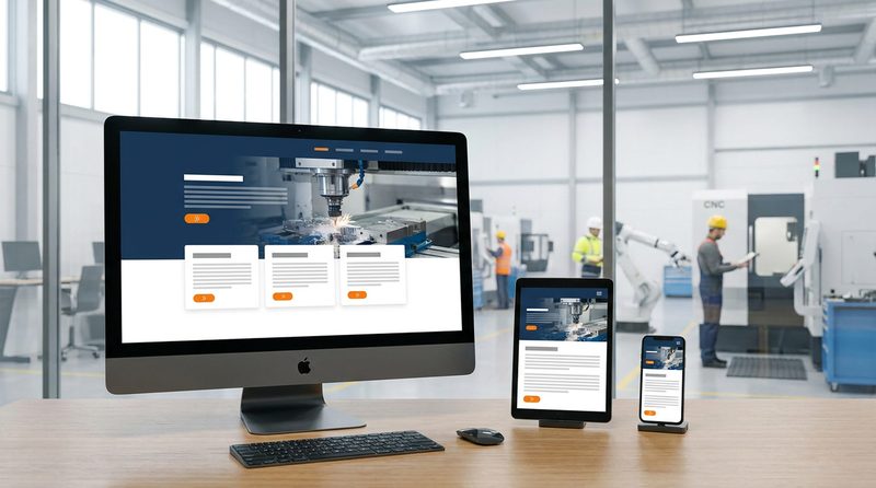 Arbeitsplatz mit zwei Monitoren, auf denen der Entwurf einer Industrie-Website entsteht