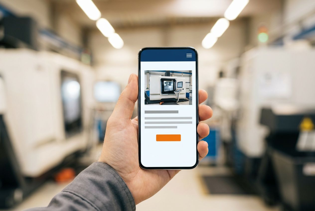 Industrie-Website auf dem Smartphone vor einer Maschinenhalle