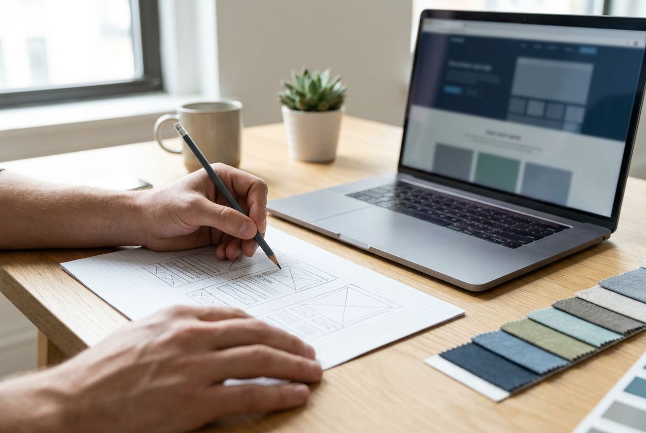 Handgezeichnetes Wireframe neben einem Laptop mit Layout-Entwurf