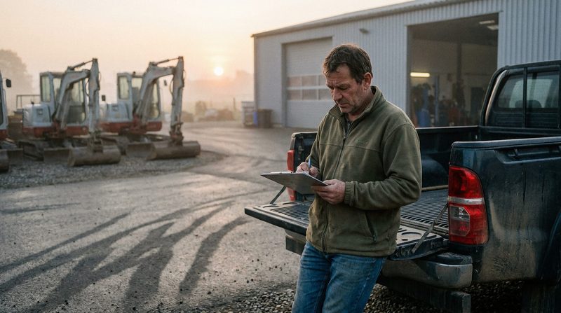 Mann mit Klemmbrett am Heck eines Pickups auf dem Hof eines Bauunternehmens, dahinter eine Reihe Bagger
