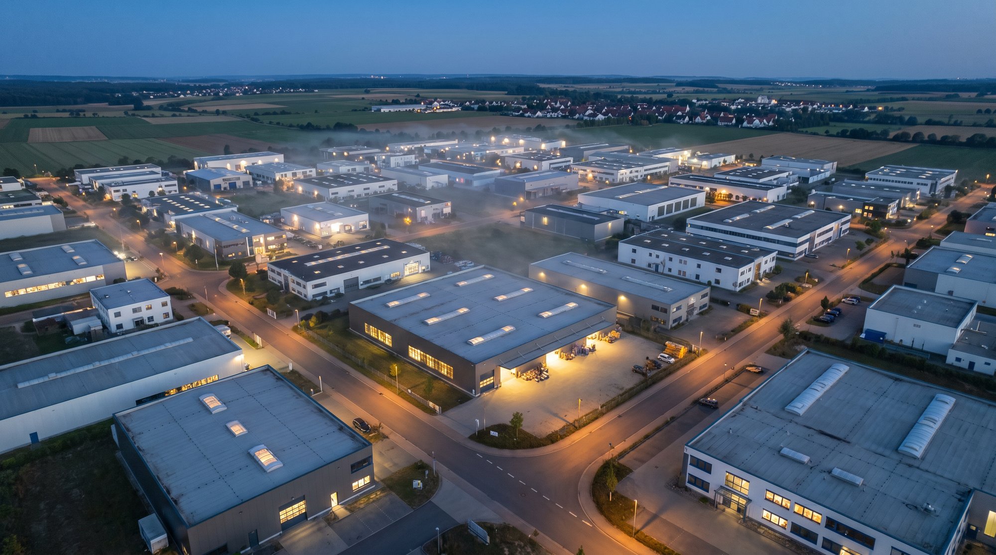 Luftaufnahme eines Industriegebiets in der blauen Stunde, in vielen Hallen brennt Licht